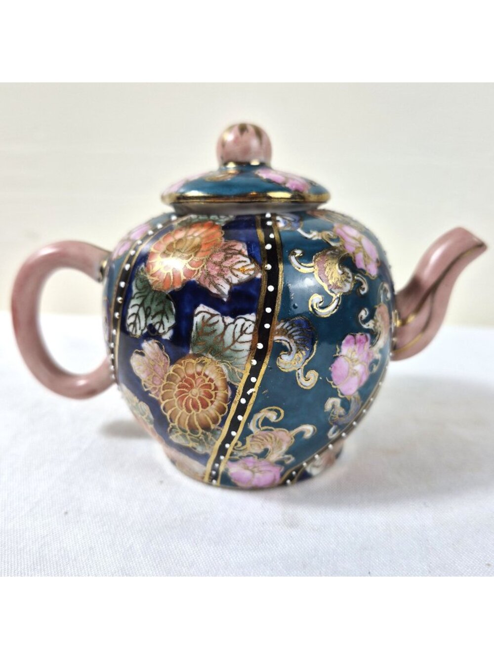 Chinese Miniature Decorative Teapot Floral Raised Enamel Gold Accents 3.25"